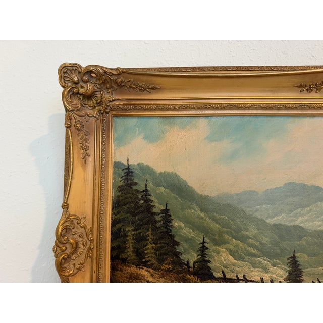 Large VTG Alpine Mountain Landscape Oil Painting European Cabin Framed Signed For Sale - Image 11 of 15