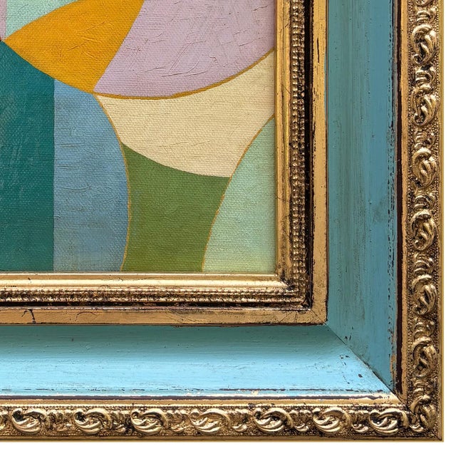 2020s Mid-Century Modern Inspired Abstract Oil Painting in Vintage Blue Frame For Sale - Image 5 of 6