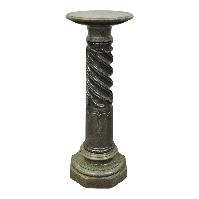 Antique Italian Classical Style Green Marble Spiral Carved Round Pedestal Plant Stand For Sale