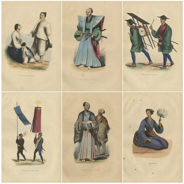 Auguste Wahlen, Depictions of Japanese Costumes, 1844, Handcolored Prints, Set of 6 For Sale