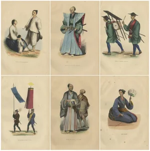 Auguste Wahlen, Depictions of Japanese Costumes, 1844, Handcolored Prints, Set of 6