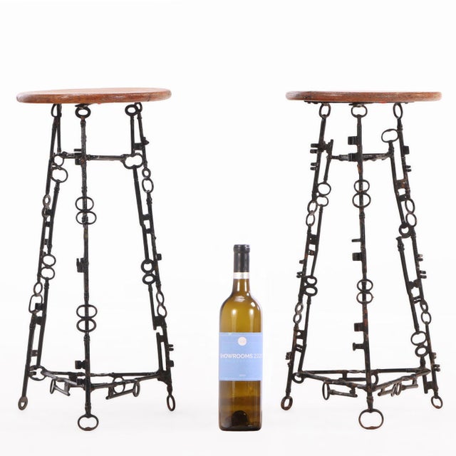 Pair of Artist-Made Iron and Oak Stools, C 1960 For Sale - Image 4 of 5