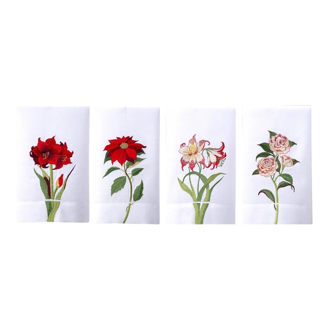 Christmas Floral Embroided Hand Towels - Set of 4 For Sale