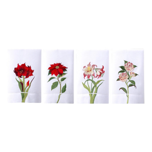 Christmas Floral Embroided Hand Towels - Set of 4