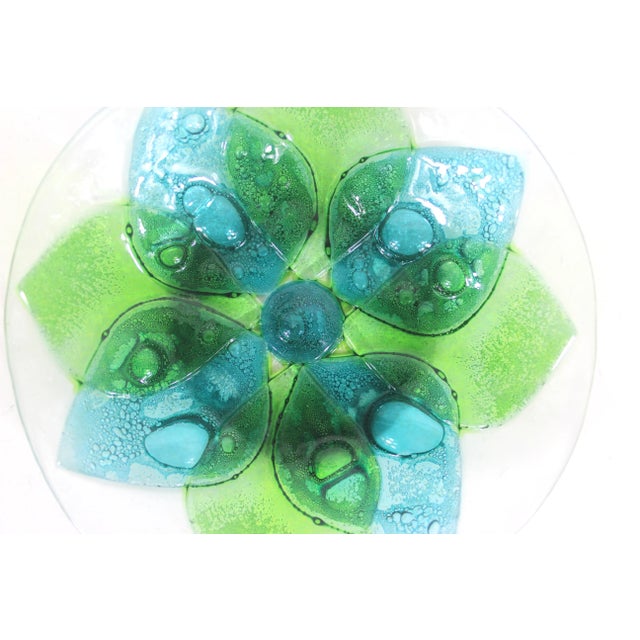 Glass Vintage Art Glass Bubble Bowl Green Blue Flower For Sale - Image 7 of 9