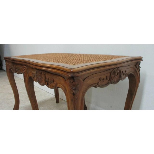 French Country Antique Quality French Country Carved Cane Bench Stool Coffee Table For Sale - Image 3 of 10