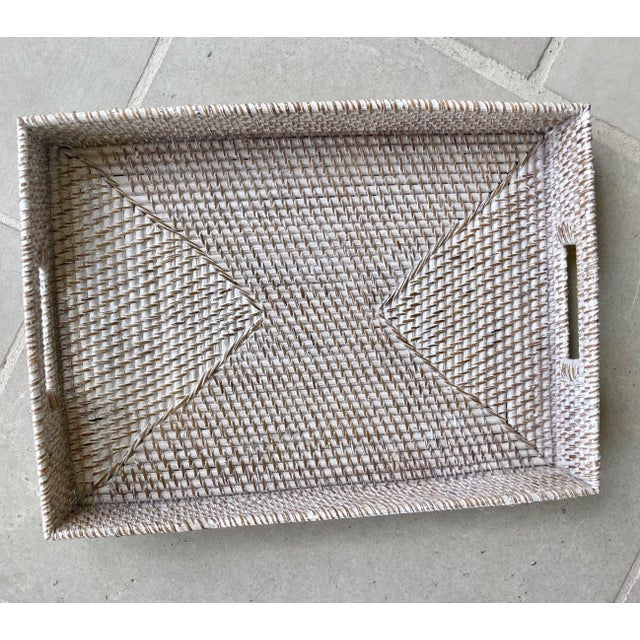 Circa 1990 Coastal Cottage Chic Whitewashed Rattan With Cut-Out Handles Decorative Tray For Sale - Image 11 of 13
