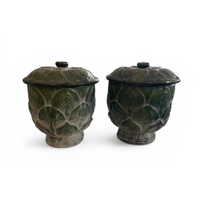 Ceramic Pair of Vintage Mid-Century Modern Artichoke Footed Ceramic Jars With Lid For Sale - Image 7 of 11