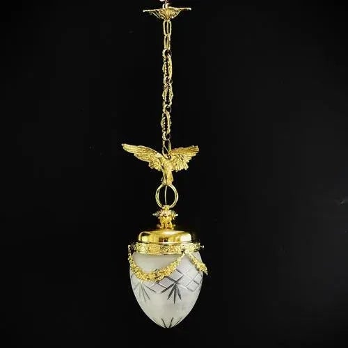 Metal Art Nouveau Hanging Lamp Bronze with Eagle and Teardrop Shape, 1900s For Sale - Image 7 of 8