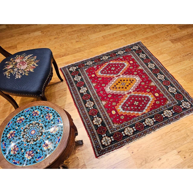Vintage Persian Tribal Square Rug, Hand-Knotted Wool, Geometric Medallions Pattern, 4x4, Red & Blue For Sale - Image 4 of 15