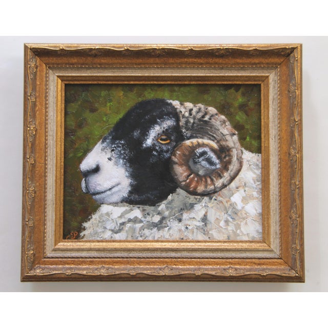 Textile Ram Sheep Portrait English Traditional Realism Impressionism Antique White Sienna Green Original Oil Painting Cleo Plowden For Sale - Image 7 of 9