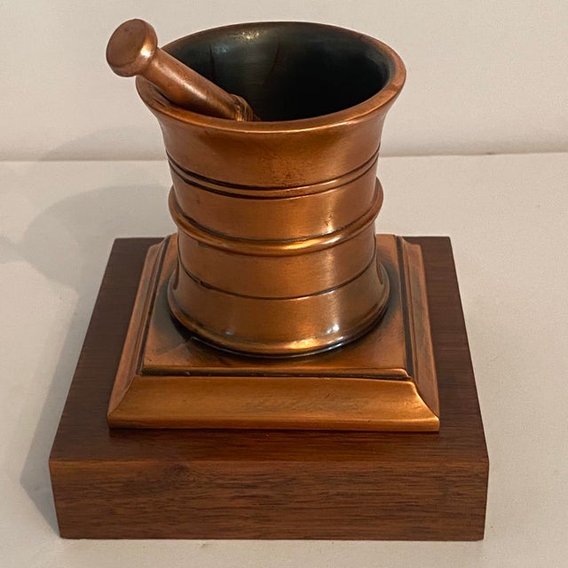 Bronze 1950’s Solid Bronze Apothecary Mortar and Pestle Mounted on Solid Walnut Presentation Base. For Sale - Image 8 of 13