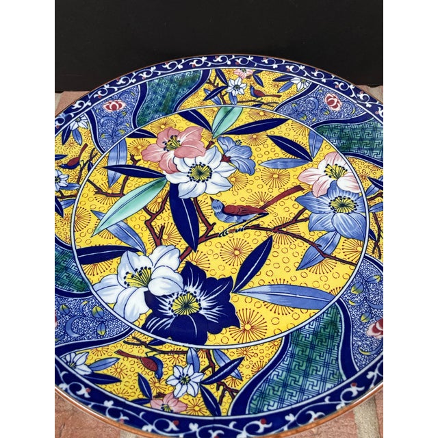 Japanese Vintage Japanese Ceramic Imari Style Blue & Yellow Round Charger Plate / Serving Platter For Sale - Image 3 of 8