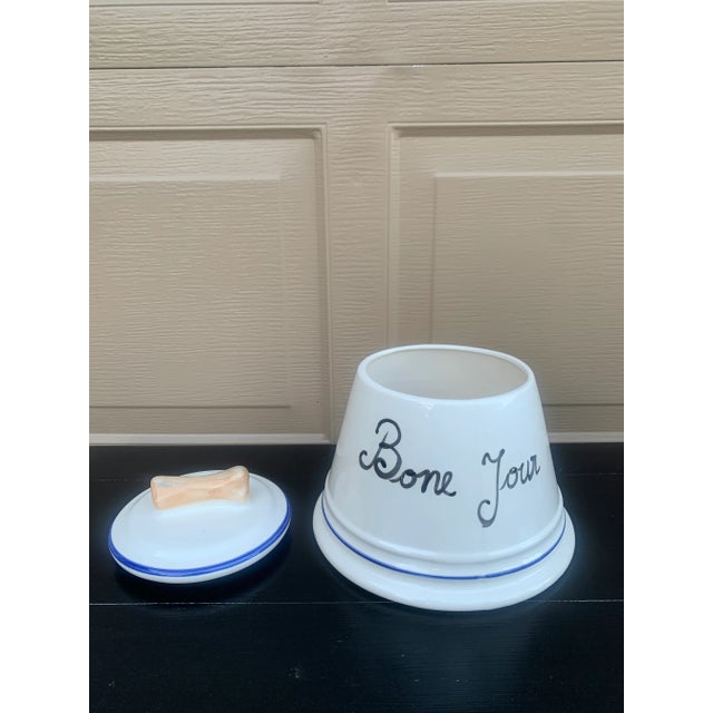 Vintage French “Bone Jour” Blue and White Porcelain Dog Treat Jar For Sale - Image 9 of 12