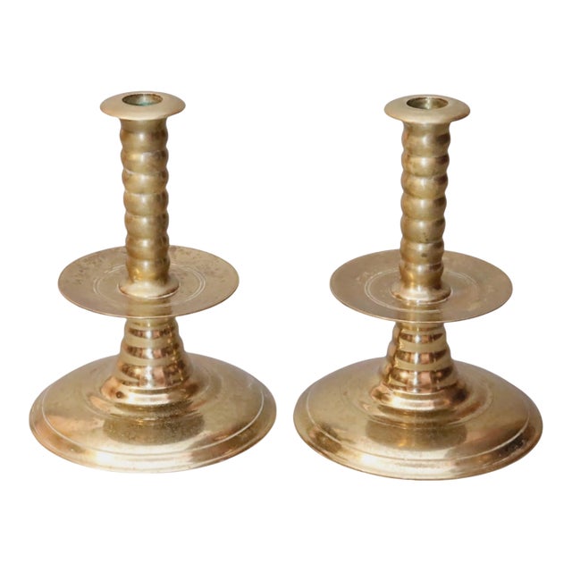 Brass Trumpet Candlestick Holders by Colonial Williamsburg, a Pair For Sale