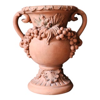 Vintage Handmade Ceramic Urn With Grape Cluster Motif For Sale
