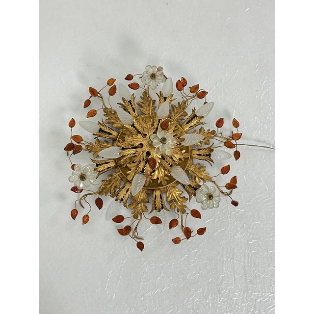 Large gold-plated wrought iron ceiling light with coloured crystals, 15 lights, "Banci" Florence, 1980s Intact and in good...