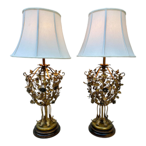 Pair of Italian Mid-Century Gilt Tole Rose & Leaf Table Lamps – Hollywood Regency