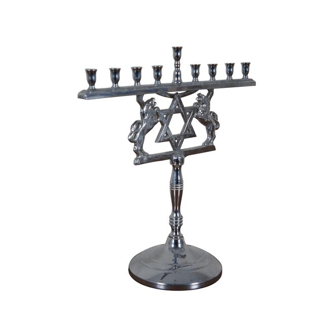 Vintage Cromwell Silver Chromium Lion Jewish Star Hanukkah Menorah