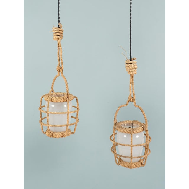 Mid-Century Modern Rope and Opaline Lanterns by Adrien Audoux & Frida Minet, 1960s, Set of 2 For Sale - Image 3 of 5