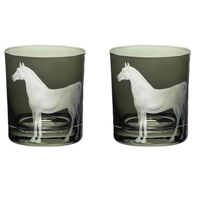 American Farm Horse Double Old Fashioned Glasses Smoke - a Pair For Sale - Image 3 of 3