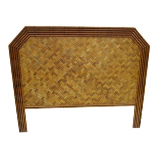Hollywood Regency Faux Bamboo Woven Rattan Queen Size Headboard For Sale