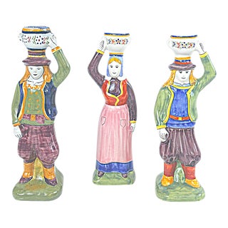 Mid Century French Faience Quimper Candler Holders - Set of 3 For Sale