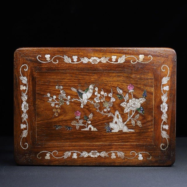 Mid 20th Century Vintage Chinese Huali Rosewood Mother-of-Pearl Inlaid "Magpie on Plum" Stool / Low Table For Sale - Image 5 of 9