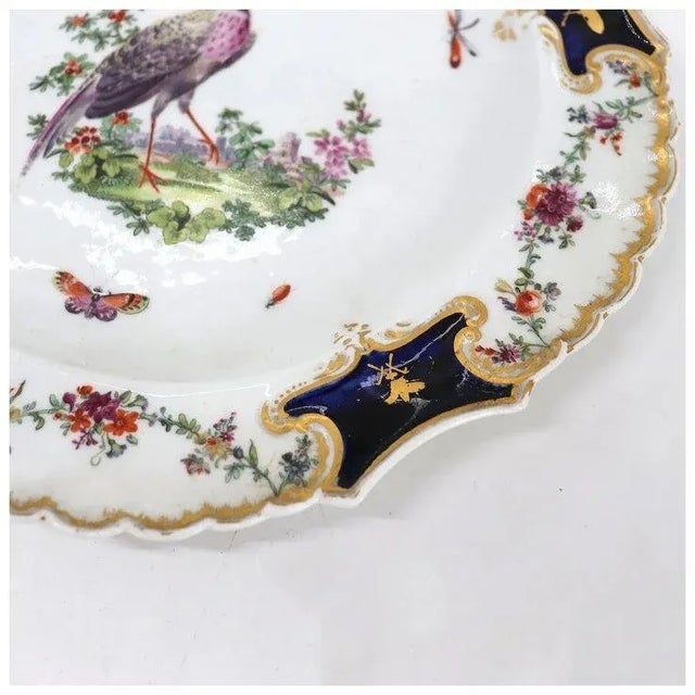 Rococo English Chelsea Soft Paste Porcelain Exotic Bird Gilt and Mazarine-blue Plate For Sale - Image 3 of 9