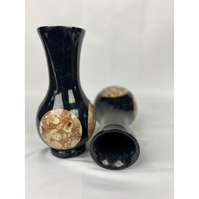 Pair, Vintage Black Onyx & Marble Inset Vases For Sale - Image 4 of 6