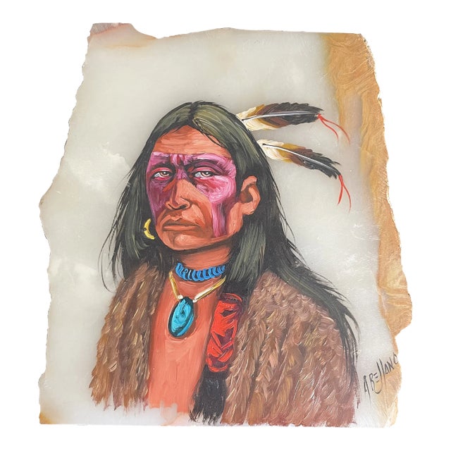 Native Indian Chief Portrait Oil Painting on Marble Slab #1 For Sale
