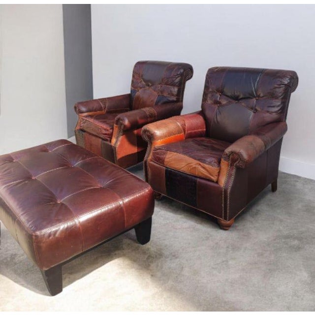 Stunning 3-Piece Seating Set: Paul Robert Patchwork Leather Club Chairs & Pottery Barn Ottoman Elevate your living space,...