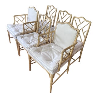 Set of 6 Vintage Bamboo Chairs With White Leather Cushions For Sale