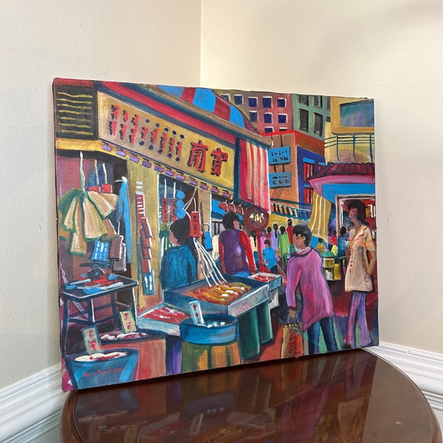 1970s Vintage Asian Cityscape Painting on Canvas ~ Signed Amy HolzHaver For Sale In Atlanta - Image 6 of 9
