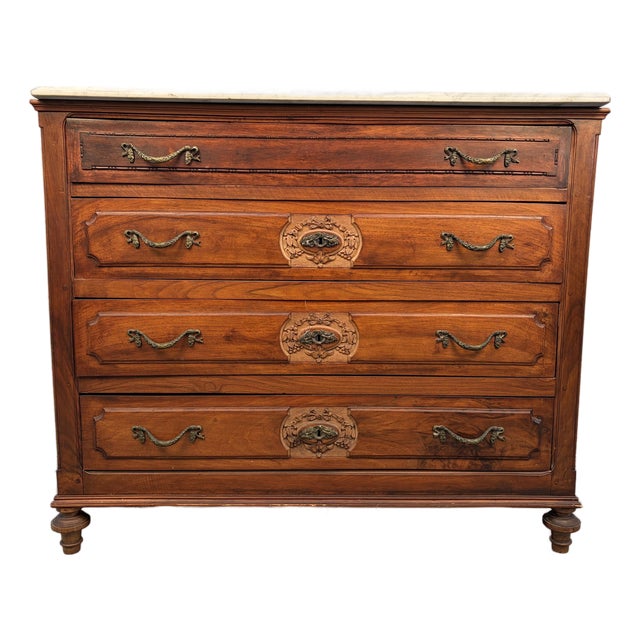 Antique French Carved Commode W/ Marble Top For Sale