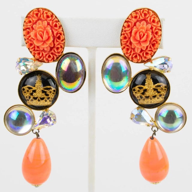 Baroque Zoe Coste Faux-Coral and AB Crystal Dangle Earrings For Sale - Image 3 of 7