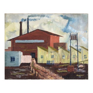 Mid Century Industrial Landscape With Row Houses by Doris Lyons Hoover For Sale