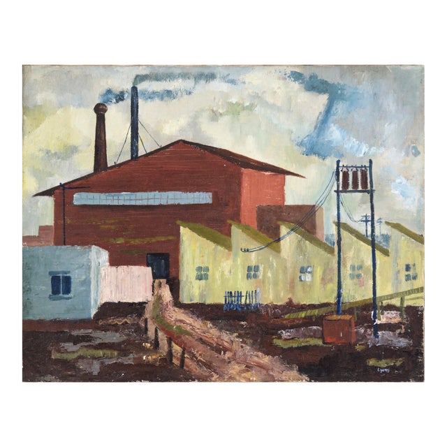 Mid Century Industrial Landscape With Row Houses by Doris Lyons Hoover For Sale