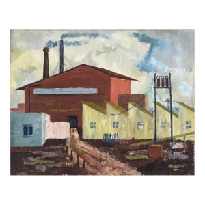 Mid Century Industrial Landscape With Row Houses by Doris Lyons Hoover