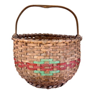 A Large Antique American Primitive Hand Woven Basket With Painted Decoration For Sale