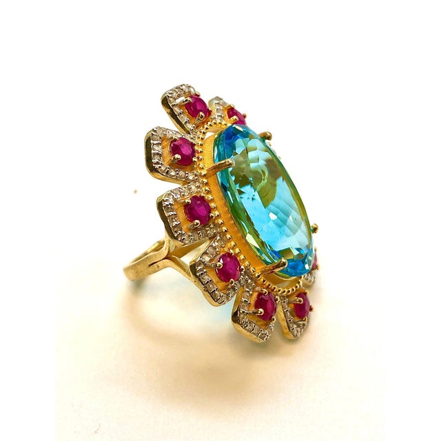 Bochic "Orient" Natural African Ruby, Blue Topaz & Diamond Ring Set 18K Gold & Silver For Sale - Image 9 of 18