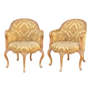 Italian Carved & Cerused Pine French Louis XV Style Barrel Tub Chairs - Pair For Sale