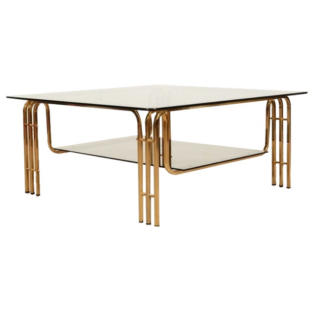 Coffee Table in Gold-Colored Metal & Smoked Glass, 1970s For Sale
