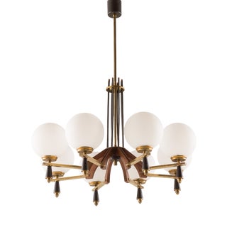 Mid-Century Italian Chandelier in Brass and Teak, 1960s For Sale