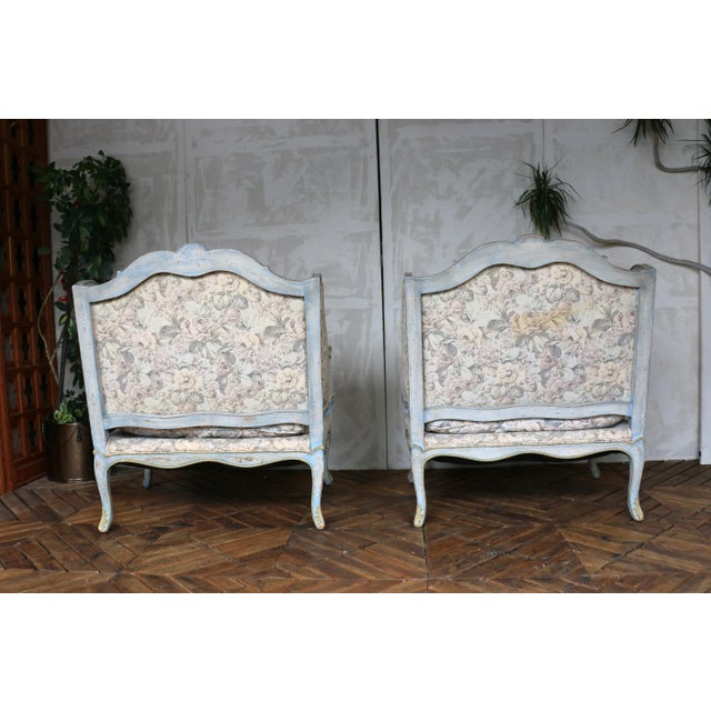 Wood Pair of Mid 20th Century Louis XV Wingback Bergère Armchairs – Floral Upholstery For Sale - Image 7 of 18