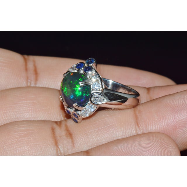 Black Certified Natural 4.18cts vs F Diamond Opal Sapphire 18k Solid Gold Cocktail Ring, Size 6.75 For Sale - Image 8 of 11