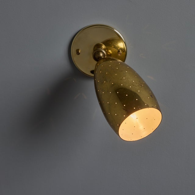 Pair of 1950s Mauri Almari Perforated Brass Sconces for Itsu For Sale In Los Angeles - Image 6 of 11