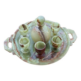 Tanzanian Green Onyx Rosolio Tray with Bottle and Glasses, Italy, 1950s, Set of 8 For Sale
