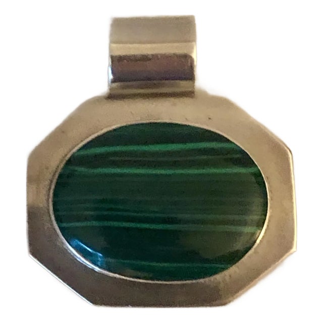 Vintage Malachite and Sterling Silver Modernist Pendant For Sale