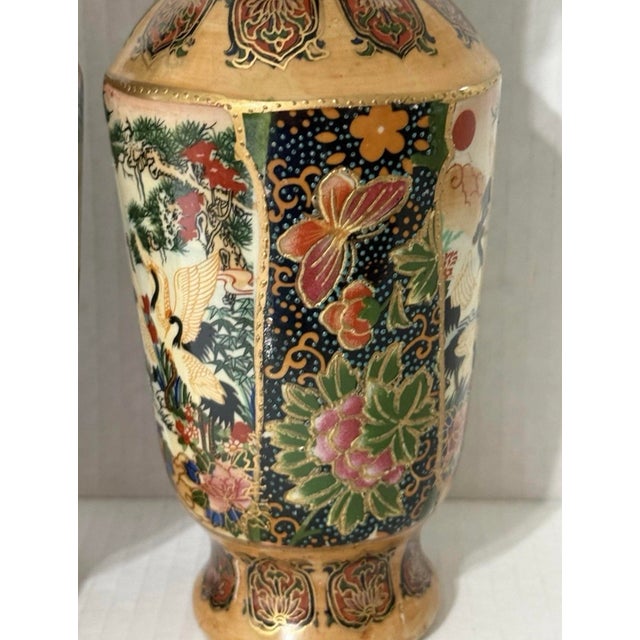 Vintage Chinese Satsuma Moriage Vase Hand Painted Cranes Floral Gold Gilt Set For Sale - Image 12 of 12